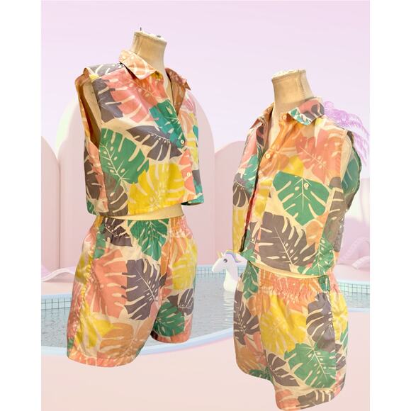 Vintage Boston Bay Club Cotton Pastel Crop Sleeveless Shirt and Short Set L - Picture 2 of 4